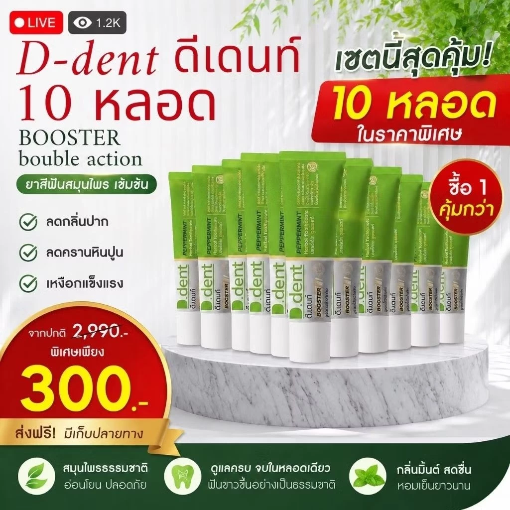 10 หลอด ยาสีฟัน ดีเดนท์บูสเตอร์ ยาสีฟันสมุนไพร D.dent ขนาด 100.กรัม