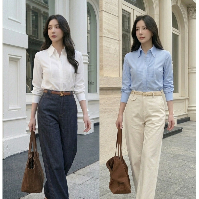 CT666 (เฉพาะเสื้อ) เสื้อเชิ้ตผู้หญิง Old Money Style ทรงสวย แมทช์ง่าย