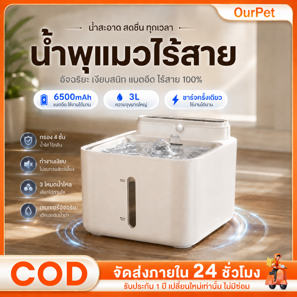 [รับประกัน 2ปี] น้ำพุแมวไร้สายอัตโนมัติ พร้อมส่ง แบต ระบบเซนเซอร์ น้ำพุแมวไร้สาย น้ำพุแมวใส่ถ่าน ฟร