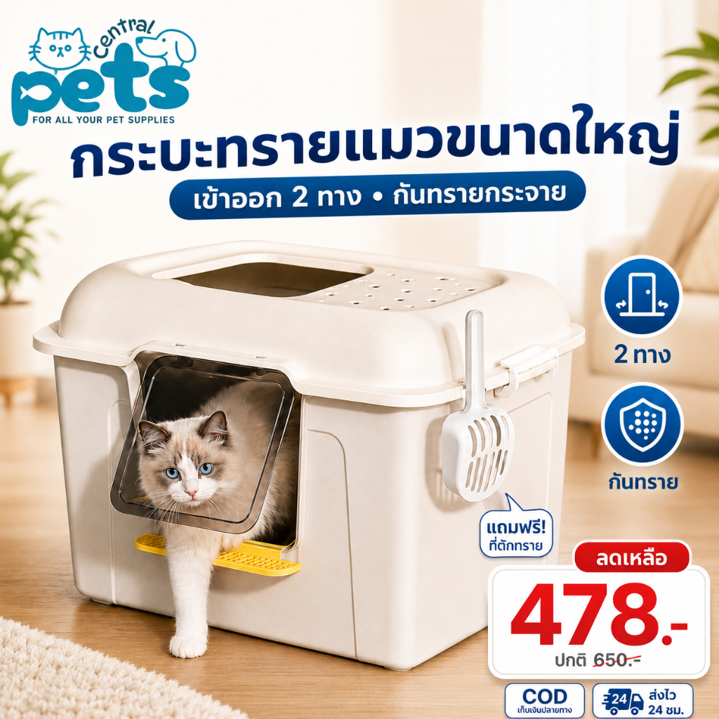 【ลดเหลือ 478】PETCENTRAL กระบะทรายแมวจัมโบ้ 60/80cm ทรงโดม ทางเข้าออก 2 ทาง ห้องน้ำแมว Cat Litter Box