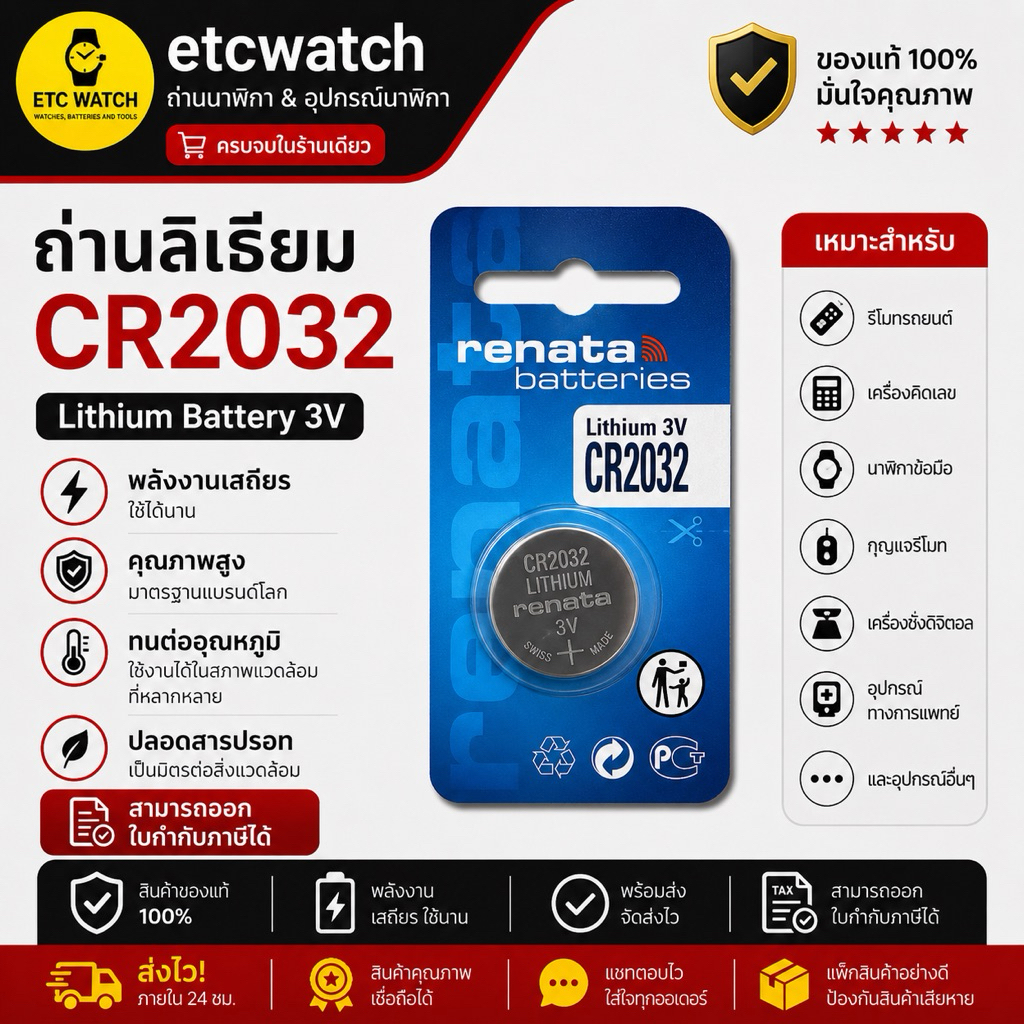 พร้อมส่ง> ถ่านกระดุม Renata CR2032 1 ก้อน