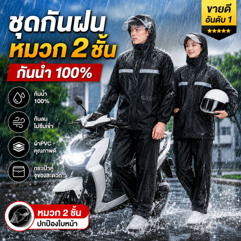 COD🌧️ชุดกันฝน มีแถบสะท้อนแสง รุ่นหมวกติดเสื้อ เหมาะสำหรับขี่ ผู้ชาย ผู้หญิง เสื้อกันฝนสำหรับผู้ใหญ่