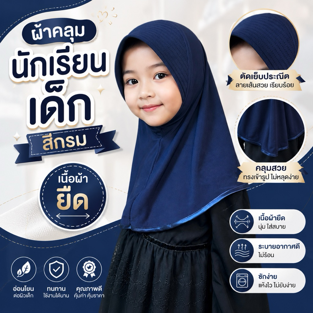 ผ้าคลุมนักเรียนเด็ก สีกรม Sizeอนุบาล - ป.6 ทรงเว้าข้าง