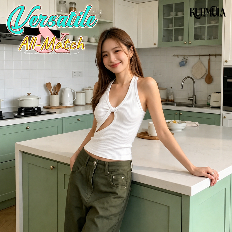 KULIMULA CHERI TWIST TOP เสื้อกล้ามย้วยร่องรูปสีครีม แบบมีรอยบิดหน้า ใส่สวยฟิตกระชับเหมาะทุกวัน ED80