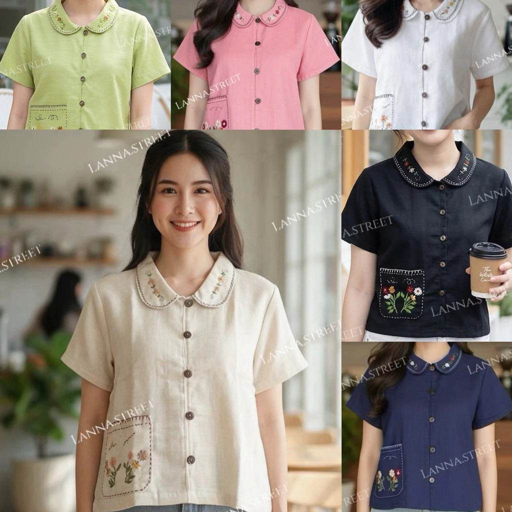 เสื้อผ้าฝ้าย คอบัว ปักดอกไม้