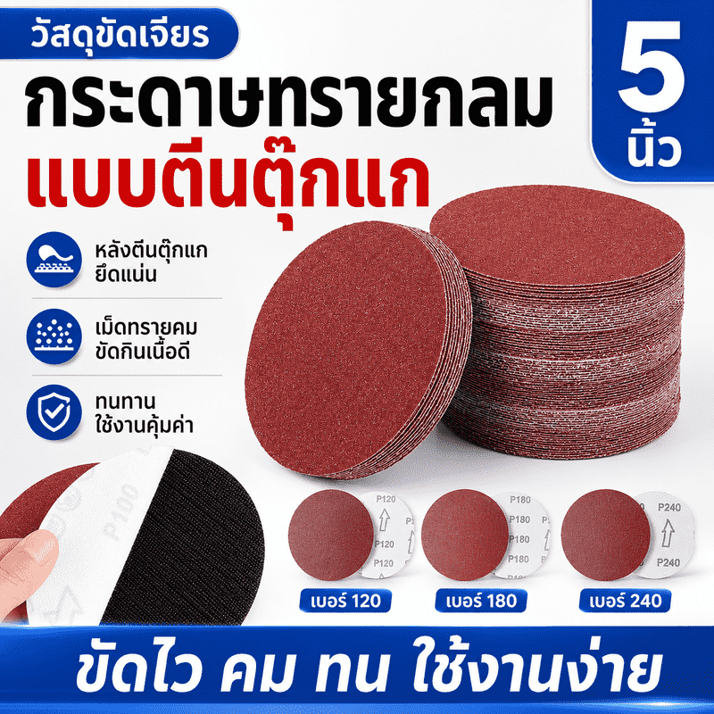 กระดาษทรายกลม 5 นิ้ว ตีนตุ๊กแก เบอร์ 120/180/240 แผ่นขัดไม้โลหะ หลังยึดแน่น ขัดไว ใช้งานง่าย