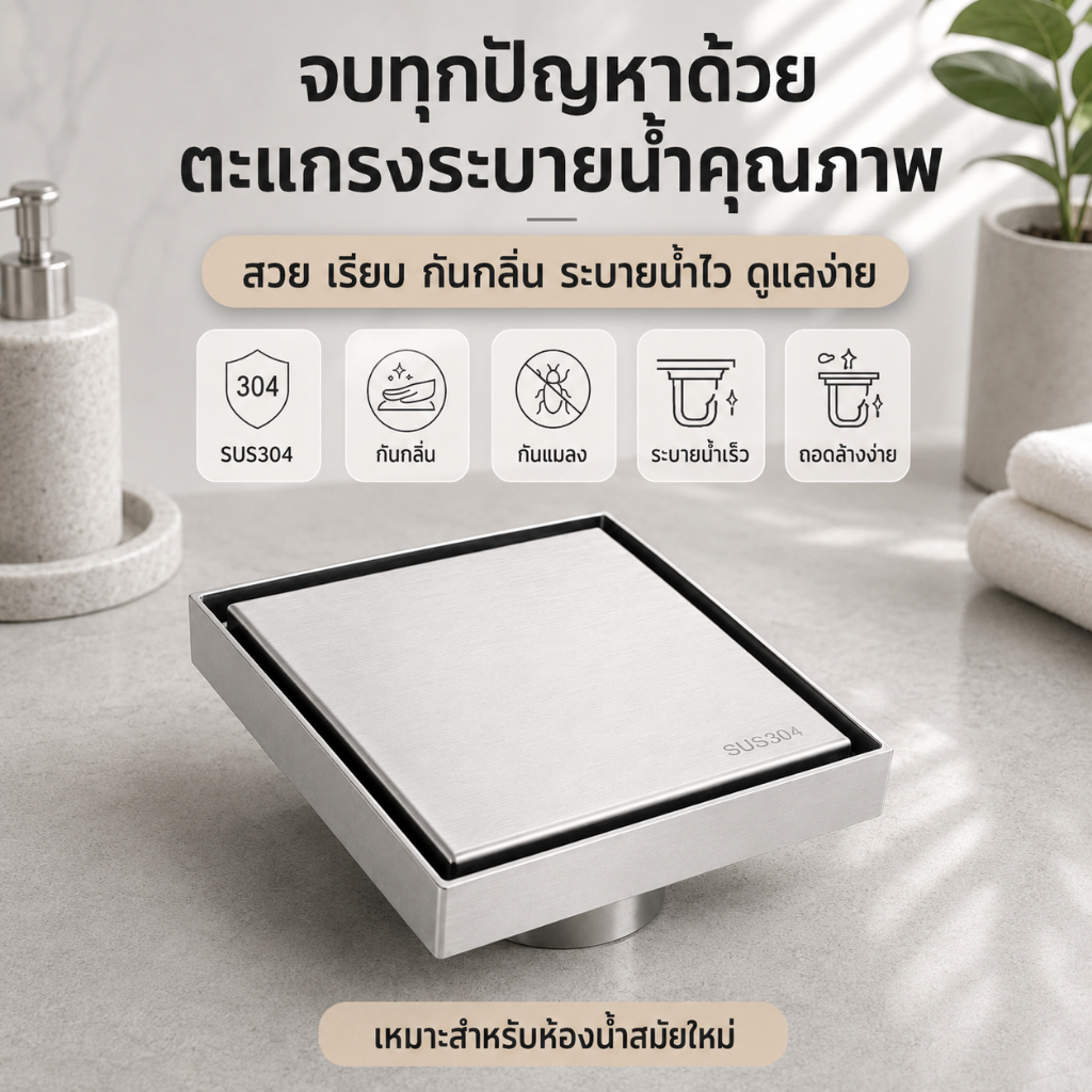 GRACE ฝาปิดท่อน้ำทิ้งสแตนเลส 304 ป้องกันกลิ่นและแมลง เปิดปิดเองได้ วัสดุแข็งแรง ป้องกันกลิ่น ป้องกันแมลง