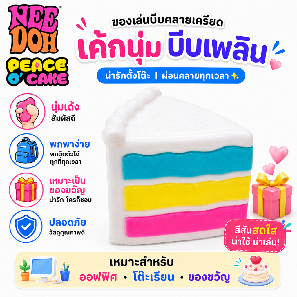 Schylling NeeDoh Peace O Cake ของเล่นบีบคลายเครียด ทรงเค้กน่ารัก นุ่มเด้ง สีสันสดใส บีบเพลิน เหมาะสำหรับโต๊ะเรียน ออฟฟิศ