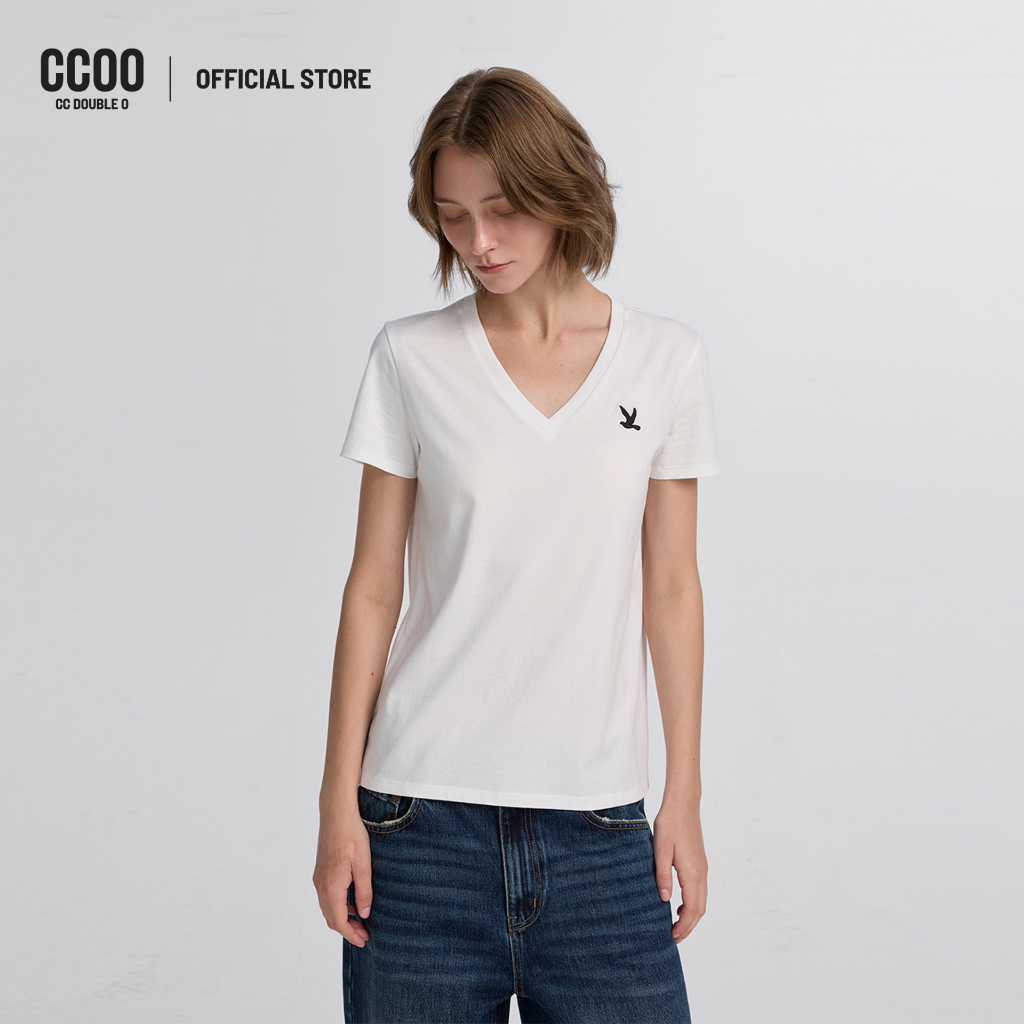 CC DOUBLE O SIGNATURE BIRD LOGO V-NECK TEE ผู้หญิง เสื้อยืดคอวีปักโลโก้นกซิกเนเจอร์ รุ่น O26WGWA008 (AW26 #P1)
