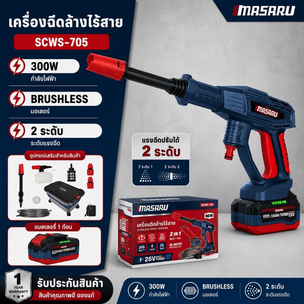 MASARU SCWS-705 เครื่องฉีดน้ำแรงดันสูงไร้สาย เครื่องฉีดล้างรถ ปืนฉีดน้ำไร้สาย300W Brushless