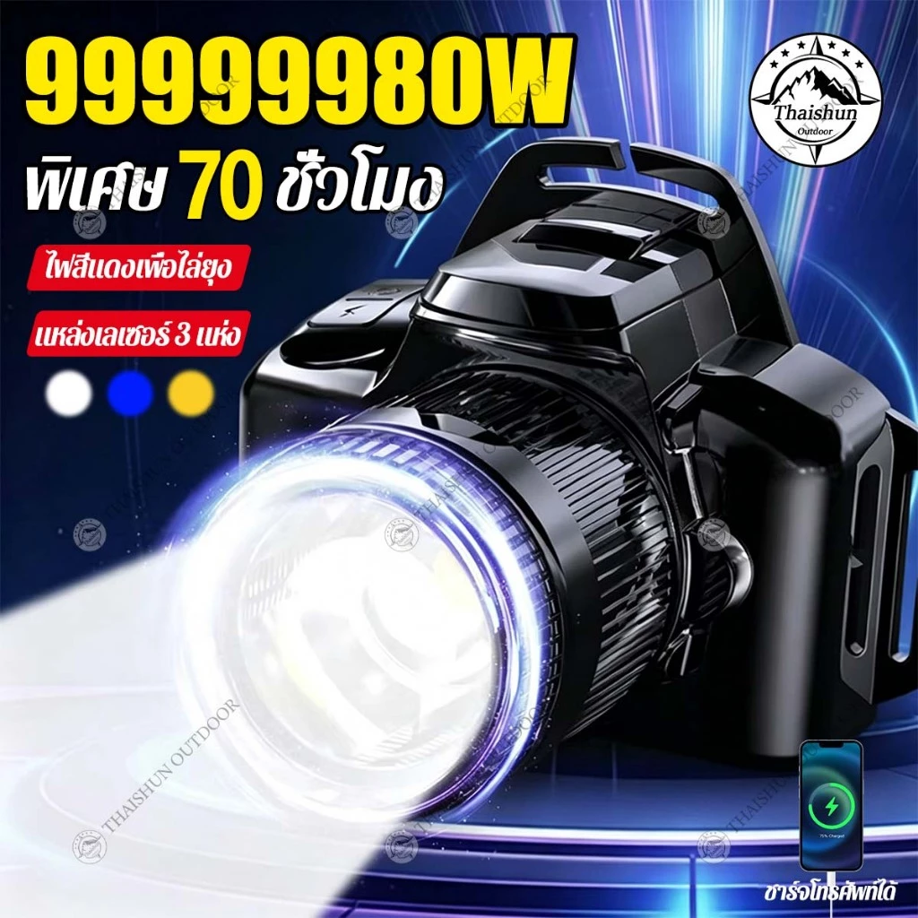 Thaishunไฟฉายคาดหัว LEDกันน้ำ ทนทาน กันน้ำ ไฟฉายคาดหัวแรงสูง ไส้ตะเกียง GP90 สามารถปรับโฟกัสได แสงระยะ 5KM ไฟส่องกบ