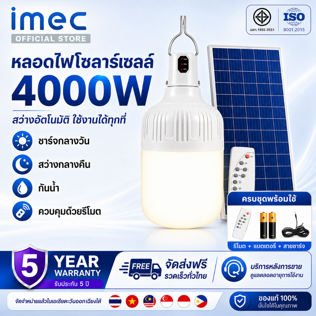 【รับประกัน 5 ปี】หลอดไฟโซลาร์เซลล์ 4000W พร้อมแผงโซลาร์ รีโมทคอนโทรล ชาร์จกลางวันใช้กลางคืน สำหรับบ้านและกลางแจ้ง กันน้ำ