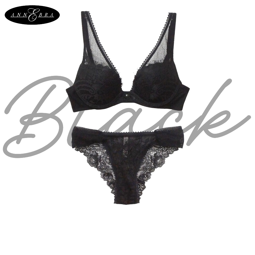 Annebra เซตบรา+กกน. บราเสริมทรง ตะขอหลัง มีโครง มีฟองน้ำ Push Up Bra+Panty SET รุ่น AB1-599/AU3-895 Black