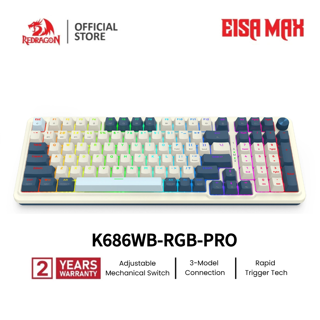 Redragon K686 Pro คีย์บอร์ดเกมมิ่ง Mechanical RGB 3 โหมด Wired/BT/2.4G Hot Swap Gasket Mount PBT Key