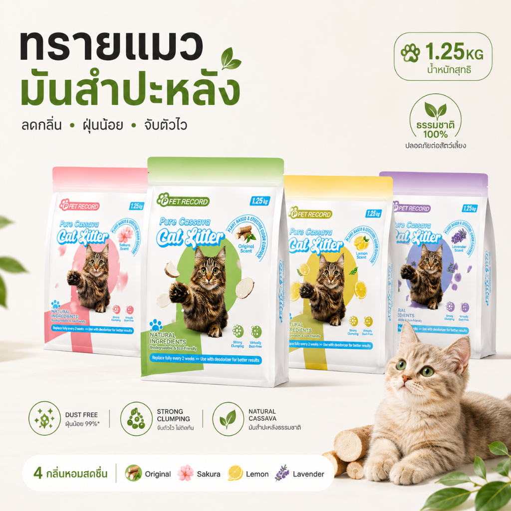 【PET RECORD】🔥ทรายแมวมันสำปะหลัง 5 ถุง 6.25KG 4 กลิ่น ลดกลิ่นแรง จับตัวเป็นก้อน ไร้ฝุ่น