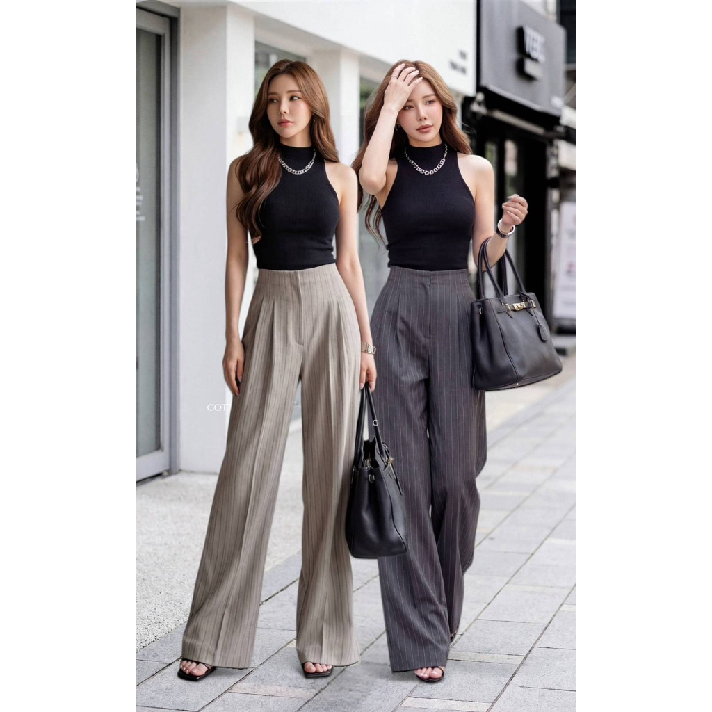 #Cotton Candy กางเกงทรงขากระบอกใหญ่ เอวปีน New Andrea korea pants