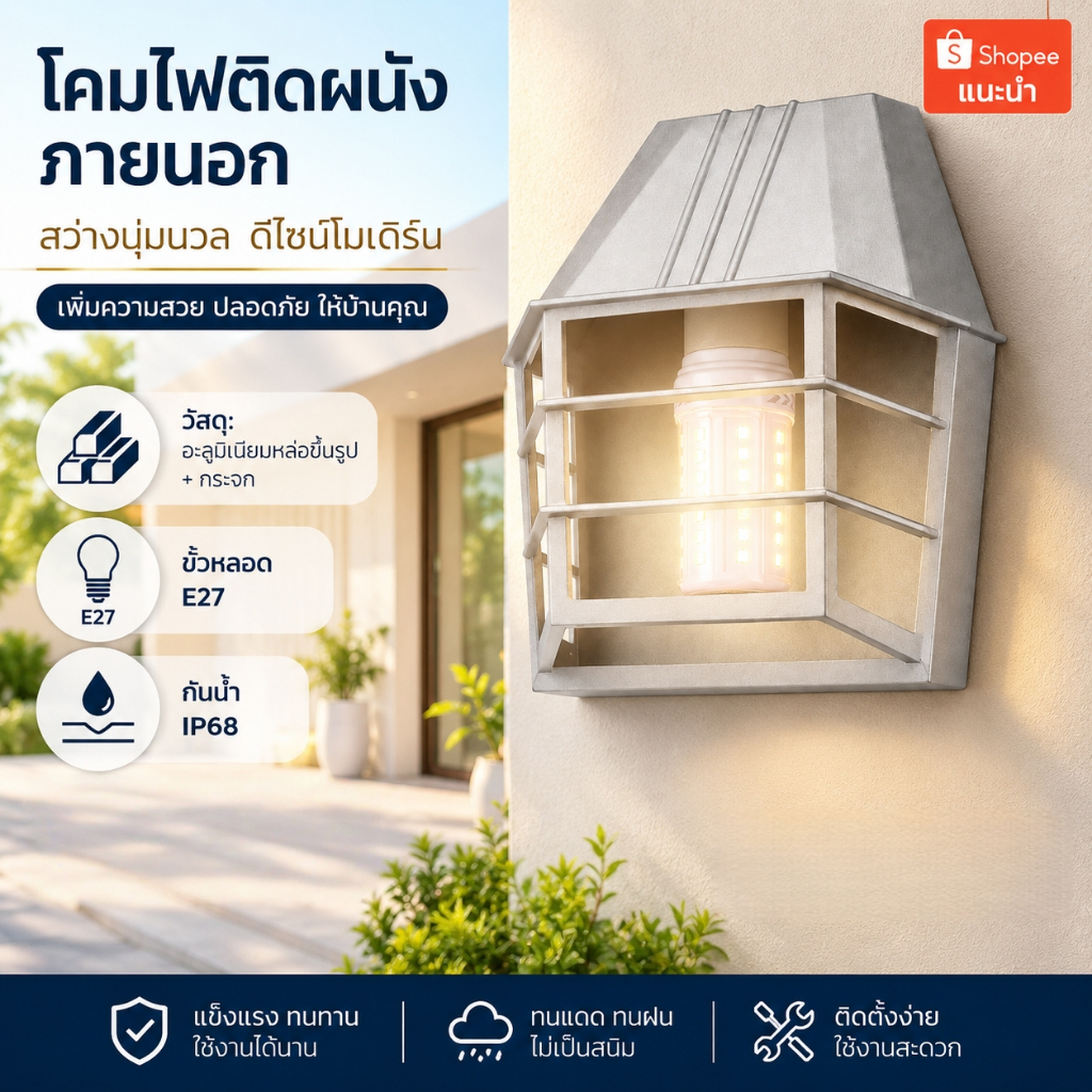 โคมไฟติดผนังภายนอก โคมไฟผนังกันน้ำ IP68 ขั้ว E27 อะลูมิเนียม+กระจก แถมหลอด LED แสงวอร์มไวท์