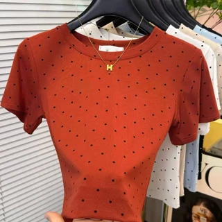 UM M-3XL ไหล่ผู้หญิง ลายจุด สไตล์เกาหลี ดีไซน์สุดคลาสสิก แขนสั้นเสื้อยืด สายรัด ฤดูร้อน ทุกโอกาส เกาหลี หญิง สาว ฮอต