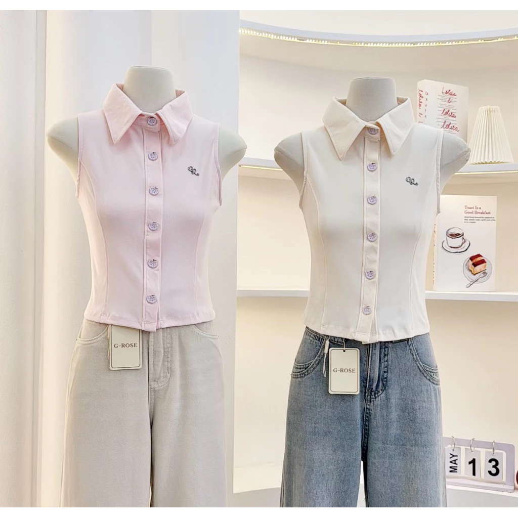 G-rose เสื้อแขนกุดปกหยัก ผ้าร่องลายริ้ว