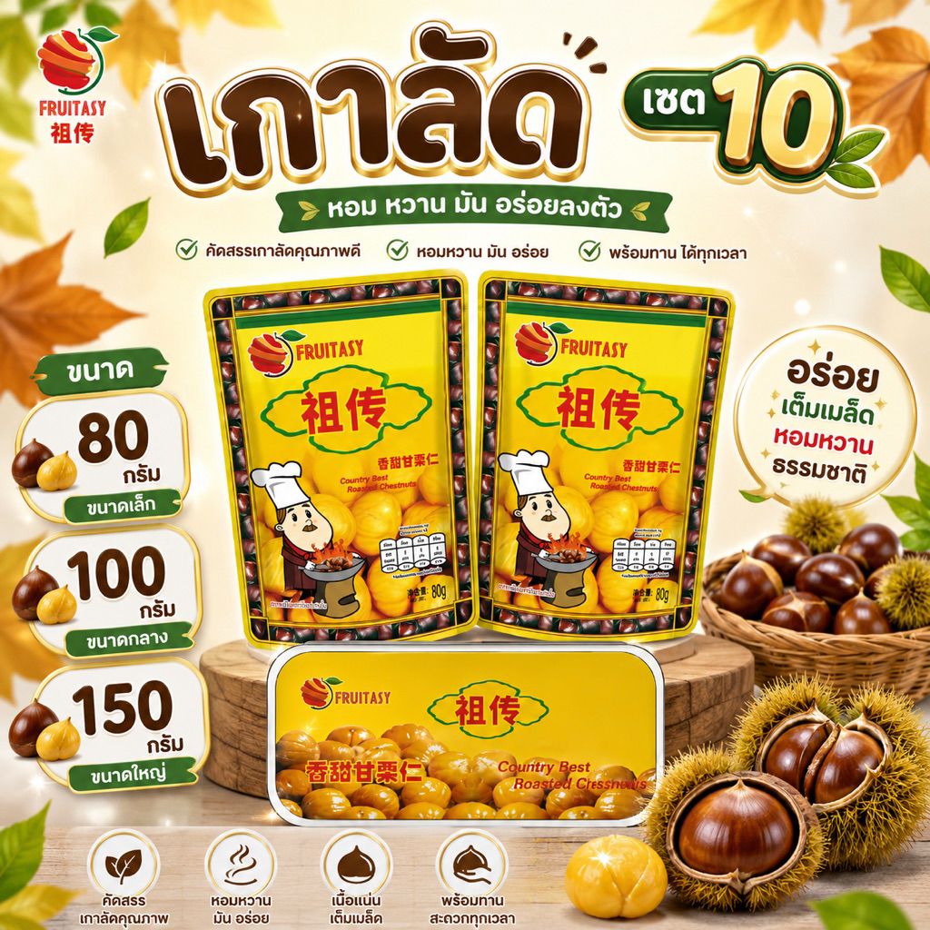 [เซต 10]เกาลัด ฟรุ๊ตทาซี่ สินค้ามีฮาลาล/เจ ขนาด 80 / 100 / 150 กรัม