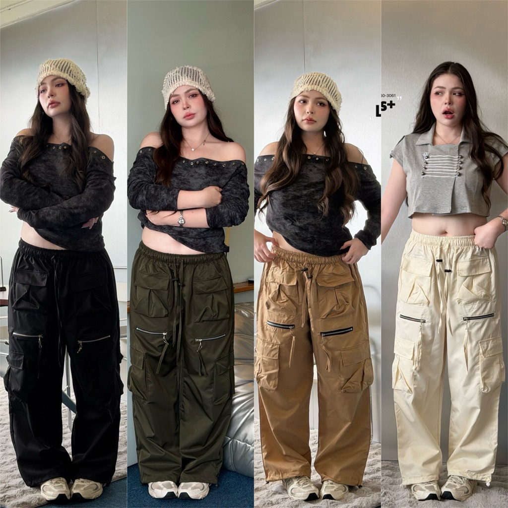 (LD) กางเกงคาร์โก้ทรงเท่ห์ มีซิปที่กระเป๋า ใส่ได้ทุกเพศ ผ้าดีใส่สบาย เสื้อผ้าสาวอวบอ้วน พลัสไซส์ ไซส์ใหญ่ HK