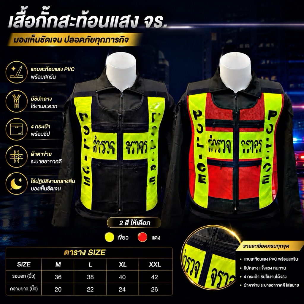 เสื้อกั๊กสะท้อนแสง จร.มี 4 ไซส์ M/L/XL/ XXL (สินค้าจริงอักษรคมชัด)
