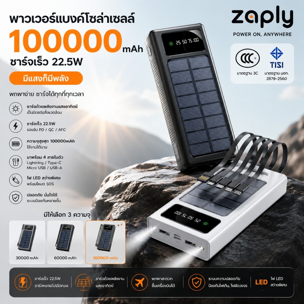 ZAPLY พาวเวอร์แบงค์ 100000mAh Solar powerbank โซล่าเซลล์ ชาร์จไว แบตสำรอง พกพาง่าย （รับประกัน1ปี）