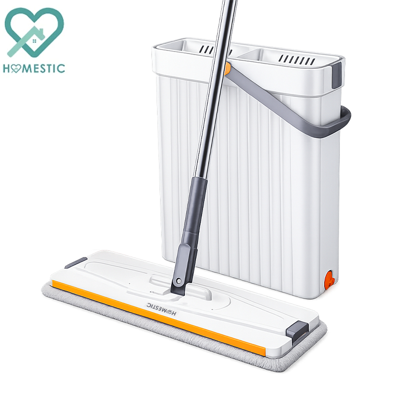 HOMESTIC ไม้ถูพื้นแบบถังรีดน้ำในตัว ไม้ถูพื้น พร้อมถังรีดน้ำ ไม้ม็อบ ไม่เลอะมือ พร้อมผ้า 2 ชิ้น