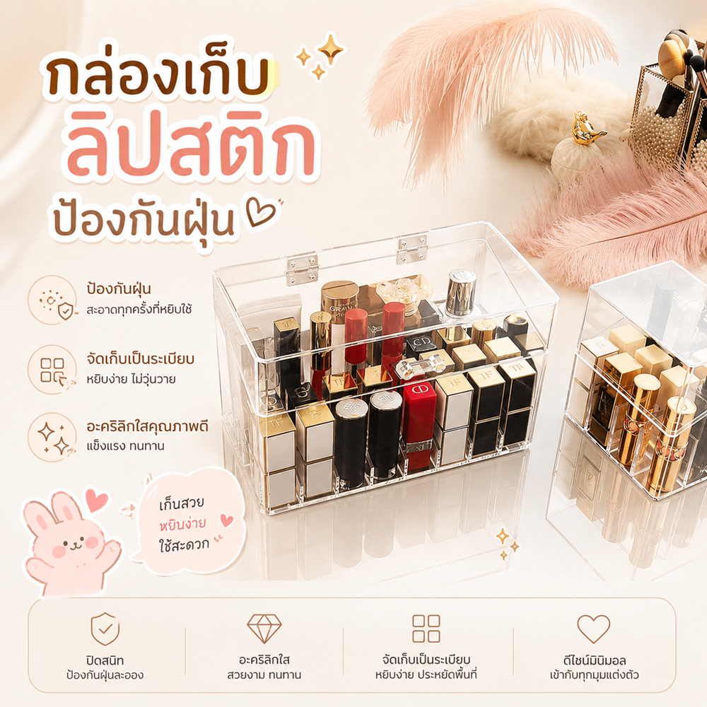 Hithome ชั้นวางลิปสติกอะคริลิก กล่องเก็บลิปสติกป้องกันฝุ่น ฝาปิด