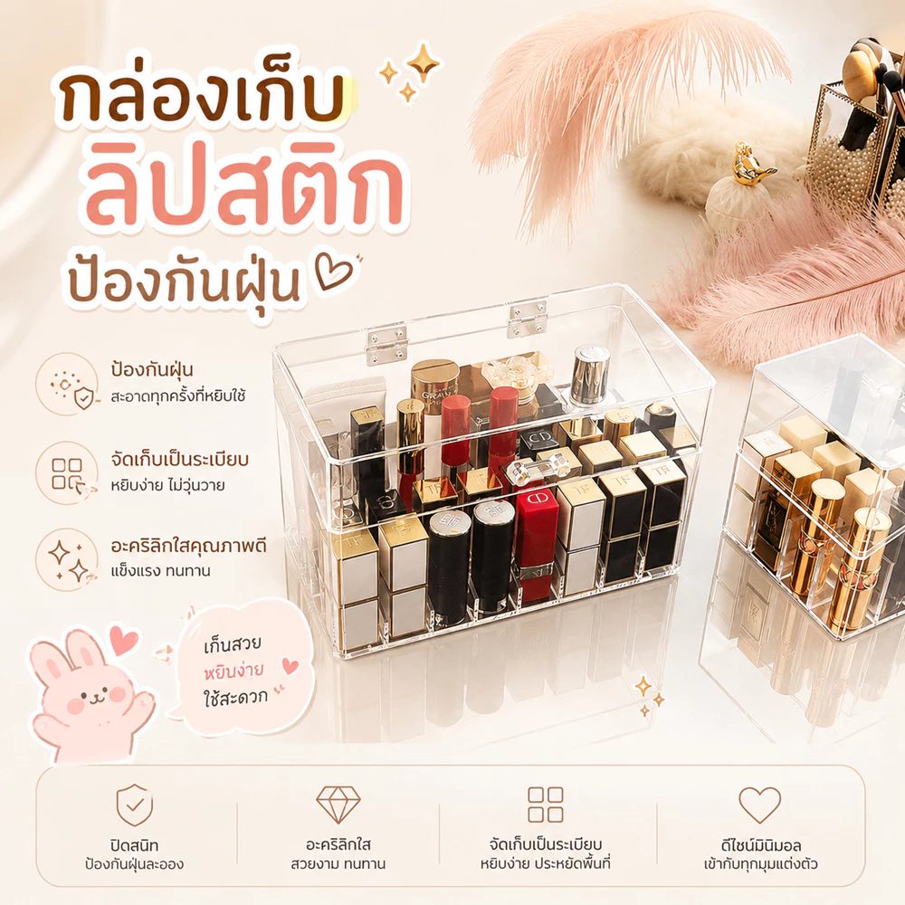 Hithome ชั้นวางลิปสติกอะคริลิก กล่องเก็บลิปสติกป้องกันฝุ่น ฝาปิด