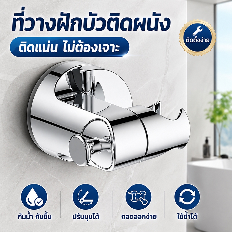 1วิติดตั้ง ที่แขวนฝักบัวแบบ ไม่ต้องเจาะผนัง ยึดติดแน่น รับน้ำหนักได้ 300กก. ที่วางฝักบัว ถอดออกและใช้งานซ้ำได้ ใช้นาน
