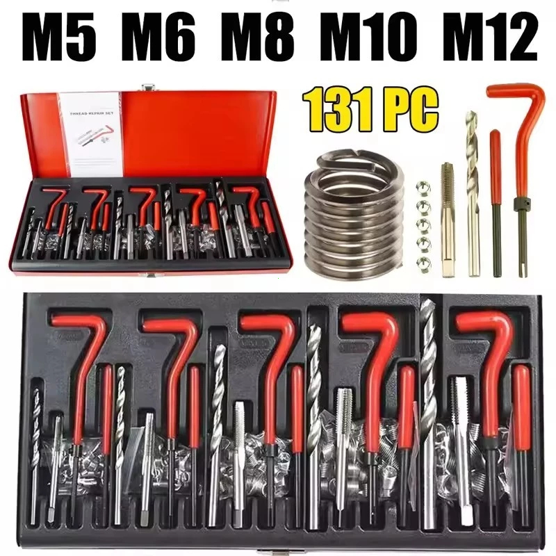🚚จัดส่งตอนนี้🔥ชุดซ่อมเกลียวสปริง 131PCS M5 M6 M8 M10 M12เครื่องมือซ่อมเเซมบล็อกเครื่องยนต์ ชุดซ่อมเกลียวสปริต๊าปเกลียว