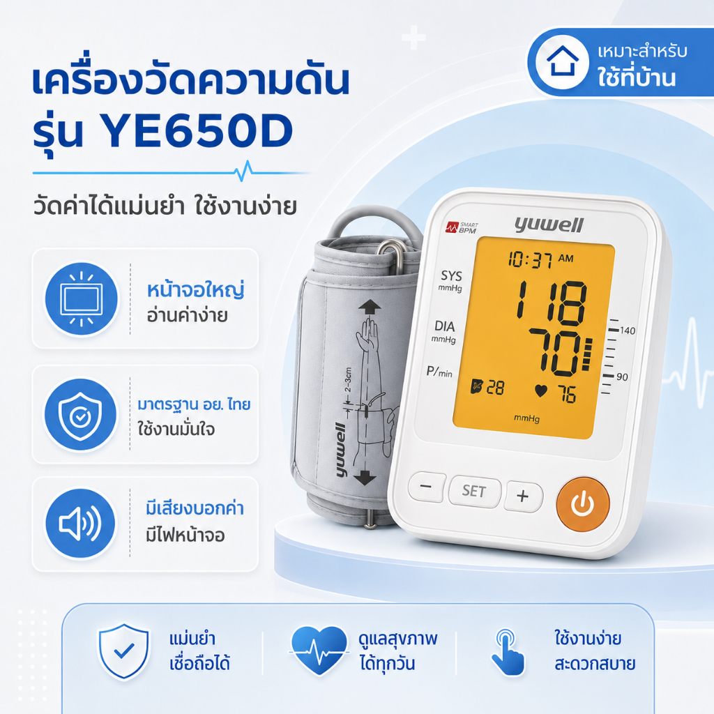 เครื่องวัดความดันโลหิตอิเล็กทรอนิกส์ Yuwell รุ่น YE650D พูดได้ หน้าจอมีไฟ รับประกัน 5 ปี
