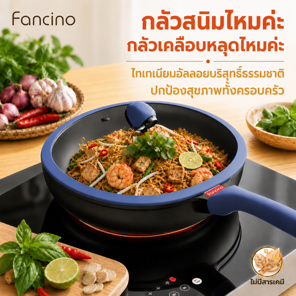 Fancino กระทะทอดไทเทเนียม 28ซม ทุกเตา ปราศ PFOA PFAS ล้างง่าย มือจับทนความร้อน มีฝาปิด