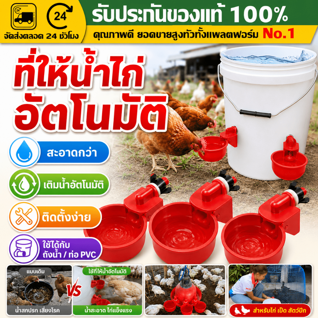 （COD）ถ้วยให้น้ำไก่อัตโนมัติ แพ็ค6/12/18/24 ระบบลูกลอย เติมน้ำเอง ใช้กับถังน้ำ ไก่ เป็ด นก ติดตั้งง่าย ประหยัดน้ำ ลดน้ำหก