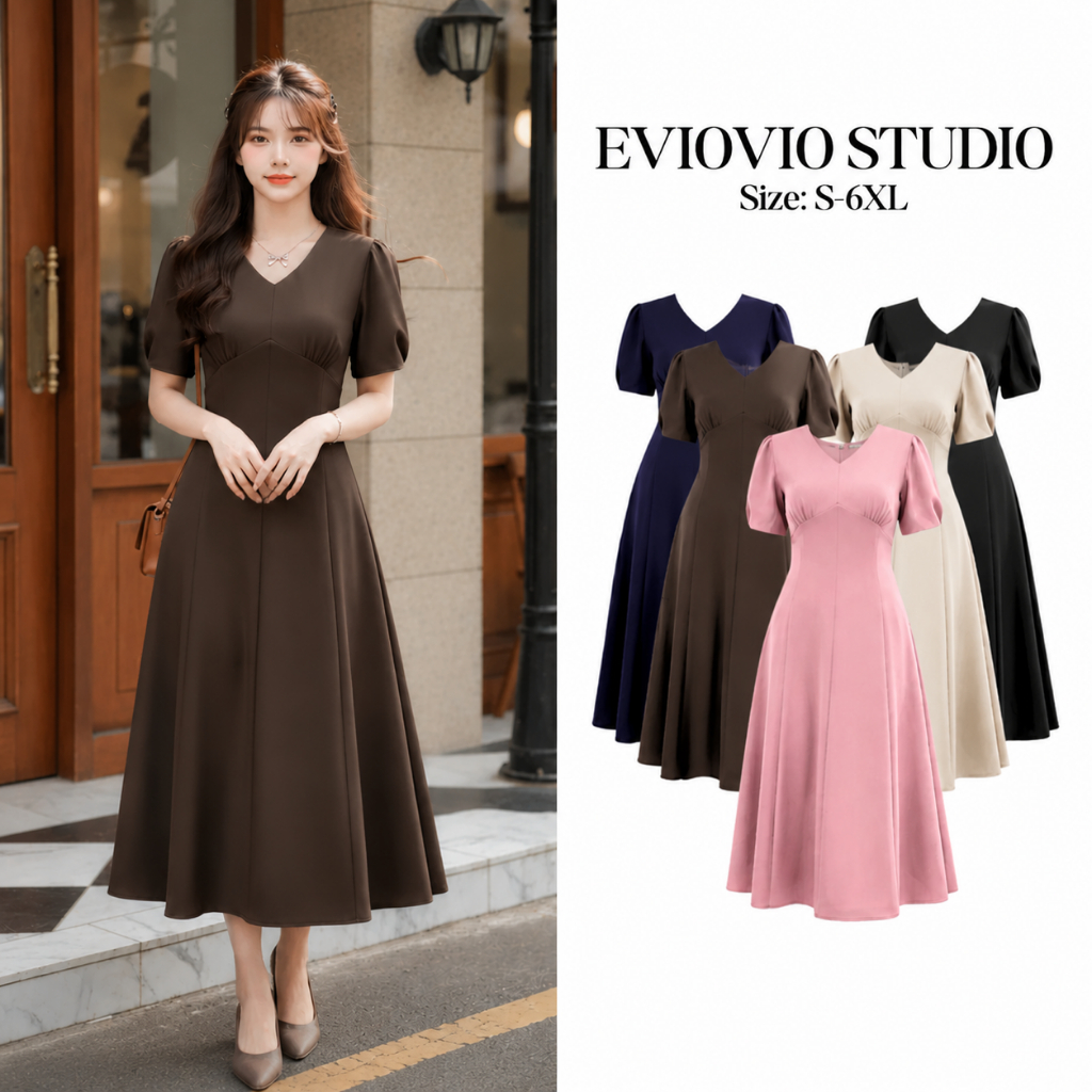 EVIOVIO【S-6XL】เดรสยาวคอวี แขนพอง สีพื้นเรียบหรู เดรสออกงาน ซิบหลัง ชุดเดรสผู้หญิงพลัสไซส์ ชุดไปงานแต่ง พร้อมส่งจากไทย❣️😋