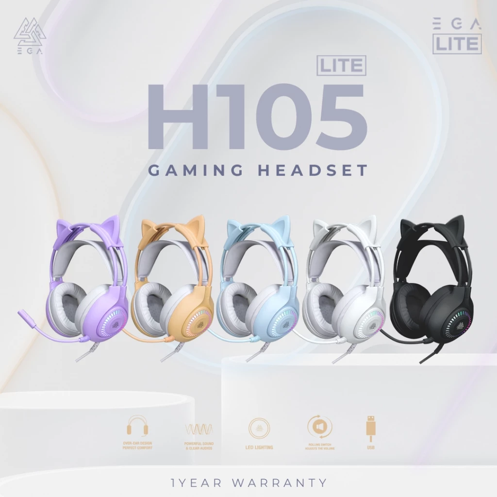 EGA LITE TYPE H105 หูฟังหลากสีน่ารัก ถอดหูแมวได้ หูฟังเกมมิ่ง Gaming Headset หูฟังแมว สีพาลเทลสดใส USB 2.0 [ประกัน 1 ปี]