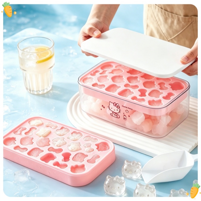 แม่พิมพ์ก้อนน้ําแข็งวัสดุซิลิโคน พร้อมกล่องเก็บน้ำแข็ง พลั่วน้ำแข็ง Hello Kitty Ice Mould