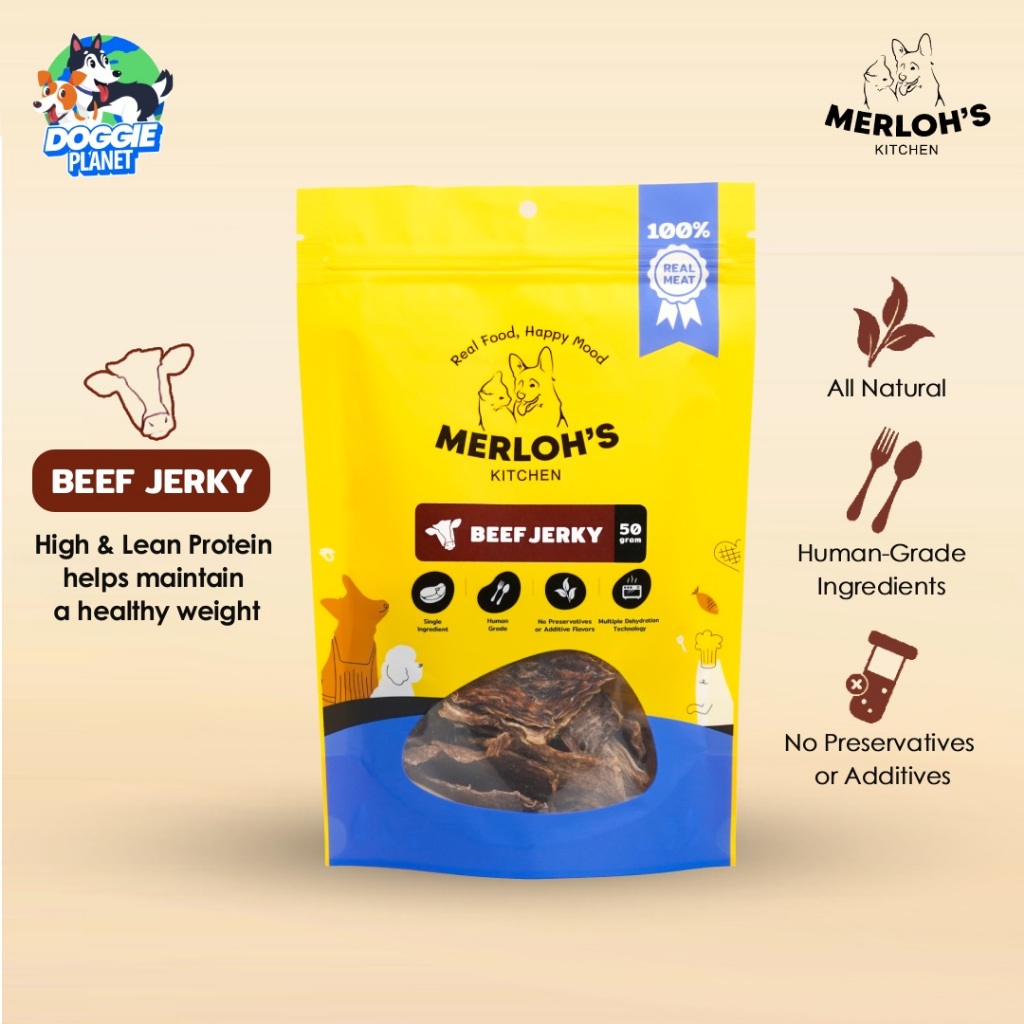Merloh's Kitchen Beef Jerky เนื้อวัวอบแห้ง ขนมสุนัข โปรตีนสูง ไขมันต่ำ ธรรมชาติ 50 g