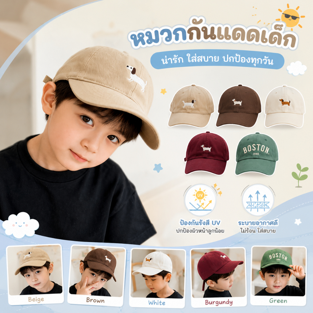 หมวกเด็กฤดูร้อน หมวกเบสบอลสำหรับเด็ก ลายปักสุนัขตัวเล็ก กันแดด เหมาะสำหรับเด็กอายุ 2-7 ปี