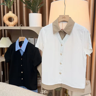 POI เสื้อเชิ้ตคอปกผ้าเจลลี่แขนสั้นซ้อนทูโทน L055D7
