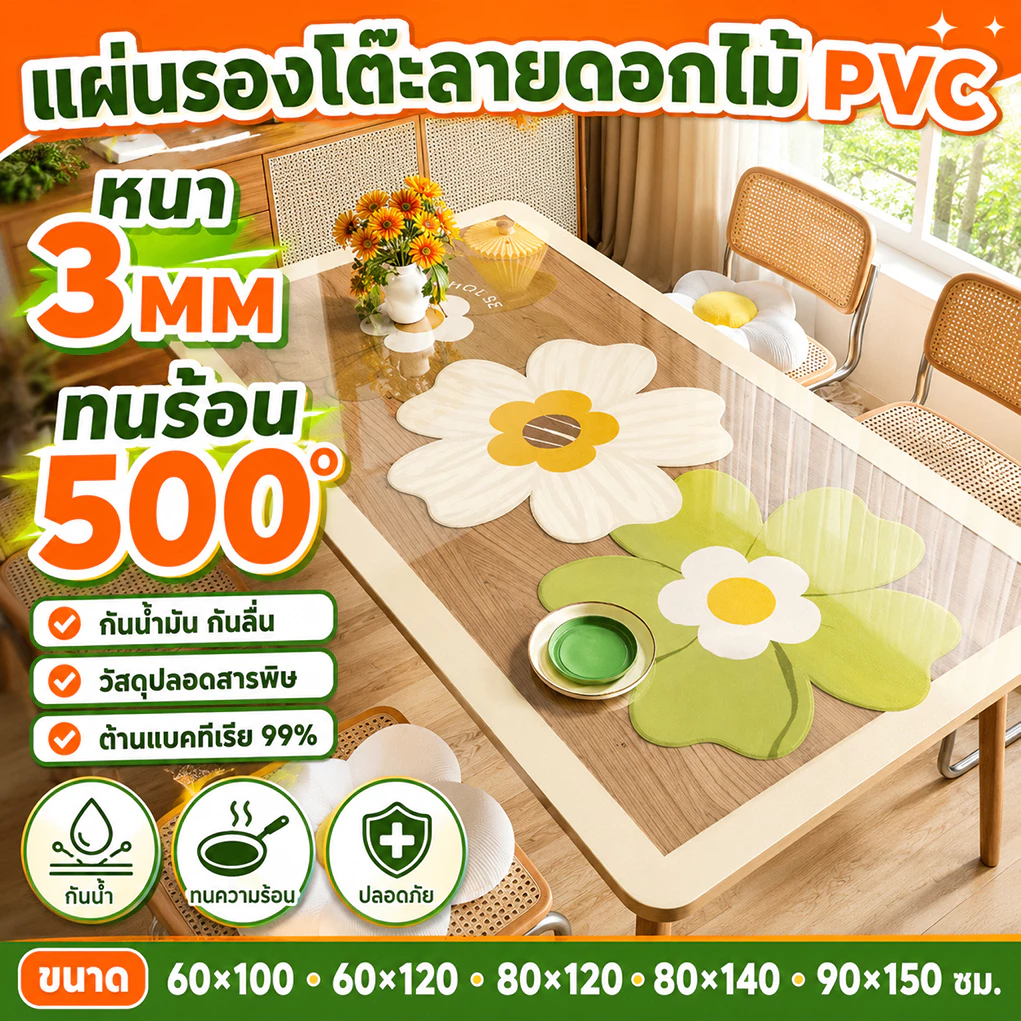 🔥หนาขึ้น 50 เท่า🔥 ผ้าปูโต๊ะ PVC ป้องกันเชื้อรา ไม่เปื้อนน้ำมัน กันความร้อน ด้วยลาย ผ้าคลุมโต๊ะ pvc