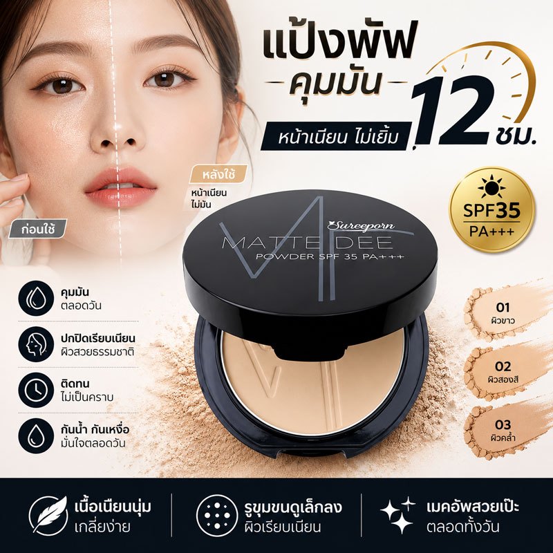 แป้งพัฟคุมมัน Matte Dee Powder SPF35 PA++ แป้งผสมรองพื้น ปกปิด ติดทน หน้าเนียน