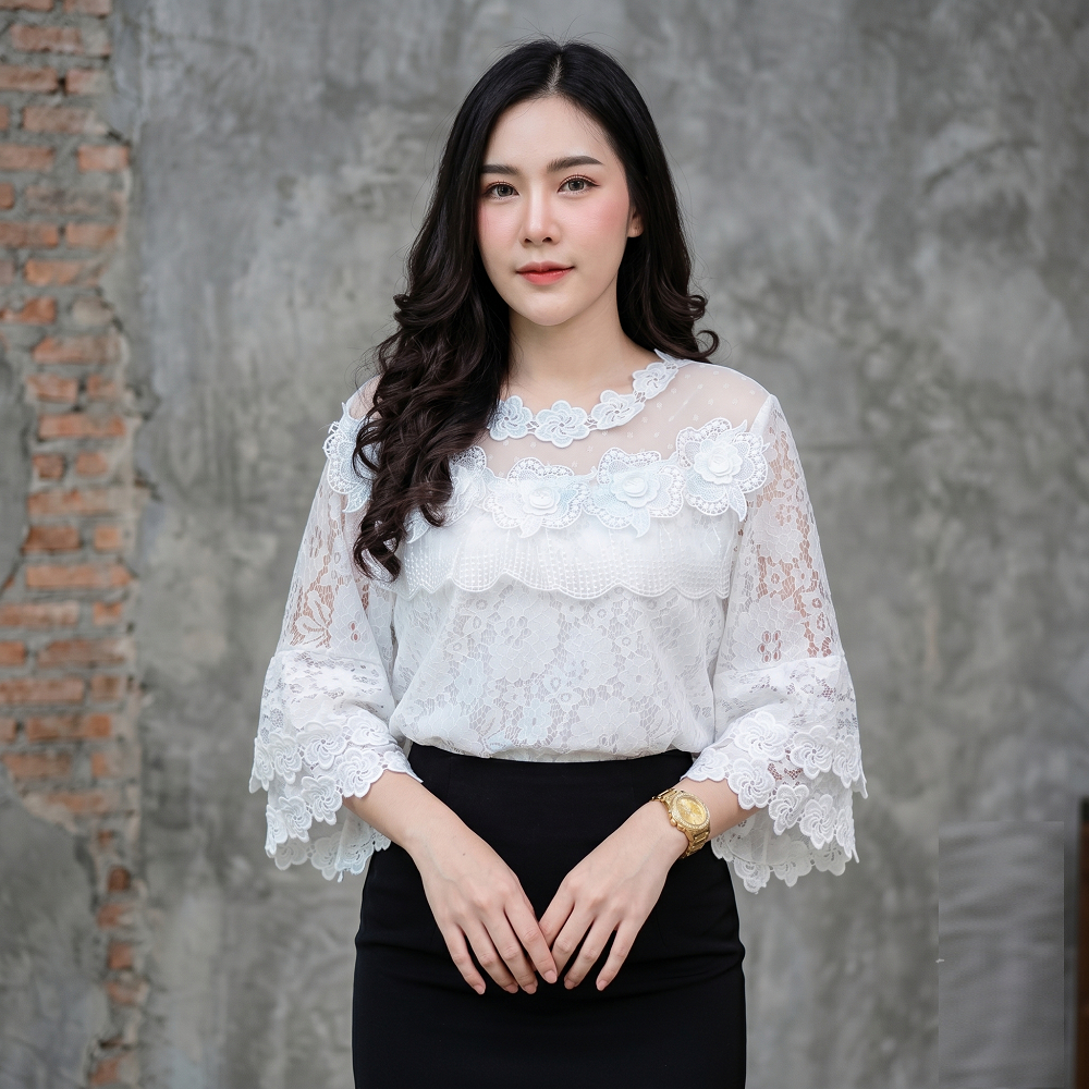 SASI'E เสื้อลูกไม้ผ้านิ่ม Lace Blouse สีขาว ทรีทรู ลุคคุณหนู คุณครู พยาบาล ใส่งานบุญ งานบวช งานแต่ง