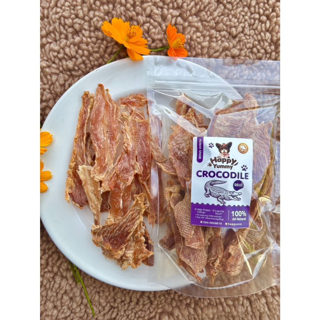 เนื้อจระเข้อบแห้ง ขนมสุนัข มีโปรตีนคุณภาพดี ช่วยบำรุงข้อต่อร่างกายสุนัข