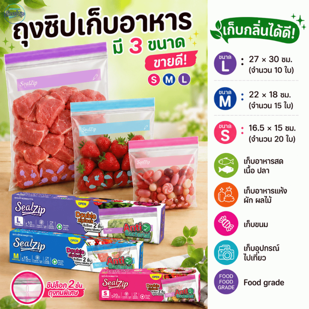 (ราคาคุ้ม) Sealzip ถุงซิบล็อคใส่อาหาร  ซิปล็อค 2 ชั้น เก็บกลิ่น Food Grade  รุ่น Standard ขนาด S M L