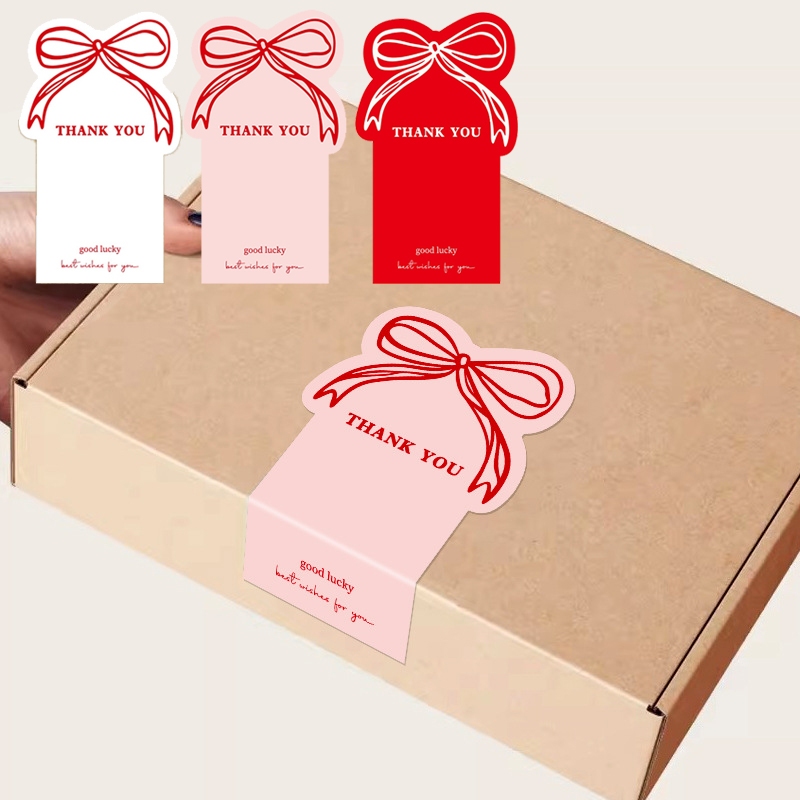 [พร้อมส่ง🇹🇭] สติ๊กเกอร์ "THANK YOU & good lucky" ไดคัทรูปโบว์ (แพค 50 ดวง)