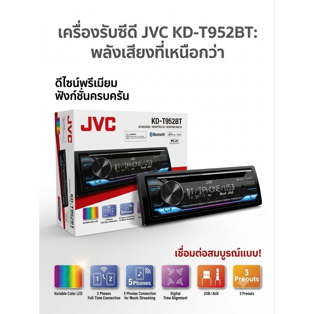 เครื่องเล่นวิทยุติดรถยนต์ JVC KD-T952BT (ขนาด 1 DIN) เล่นแผ่นซีดี และสายสตรีมมิ่งผ่านบลูทูธ Bluetoot