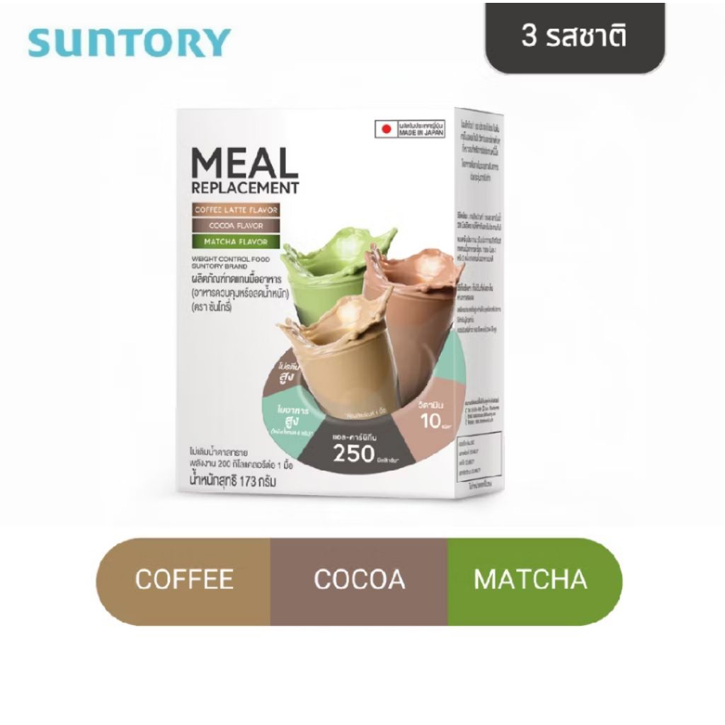 Suntory Meal Replacement Suntory ผลิตภัณฑ์ทดแทนมื้ออาหาร(3 ซอง ชาเขียว กาแฟลาเต้ โกโก้