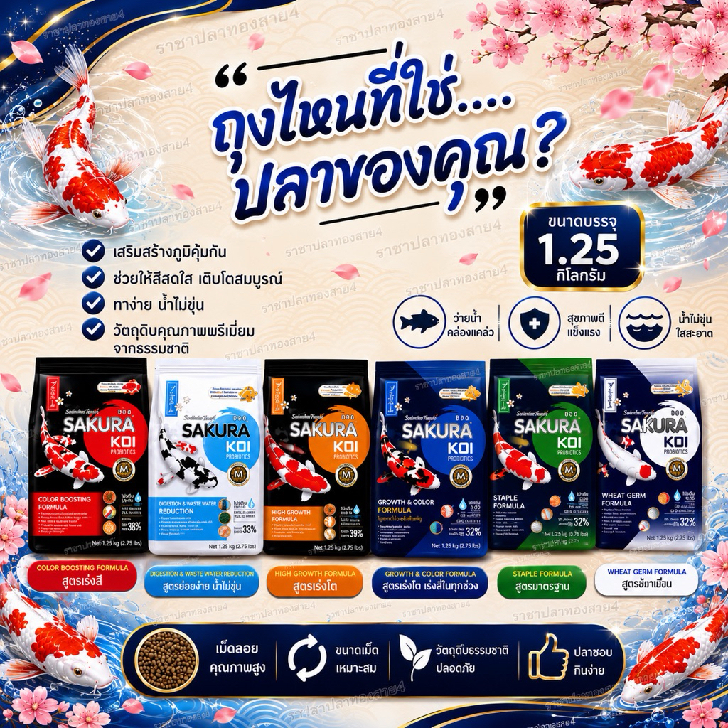 อาหารปลาคราฟ ซากุระโค่ย สูตร เร่งโต เร่งสี SAKURA KOI ขนาด 6.5 กก.